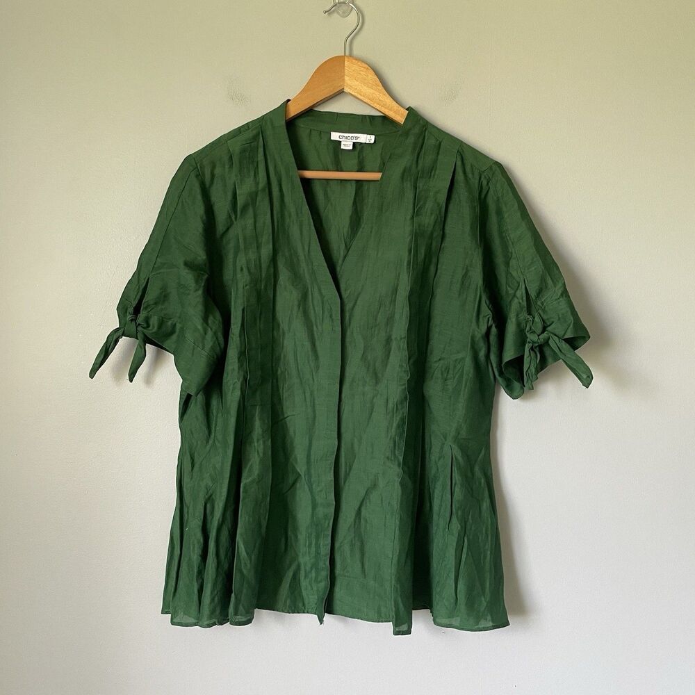 Chico's Sheer Blouse Top Button Up Silk Cotton Blend Green Women's Size Medium